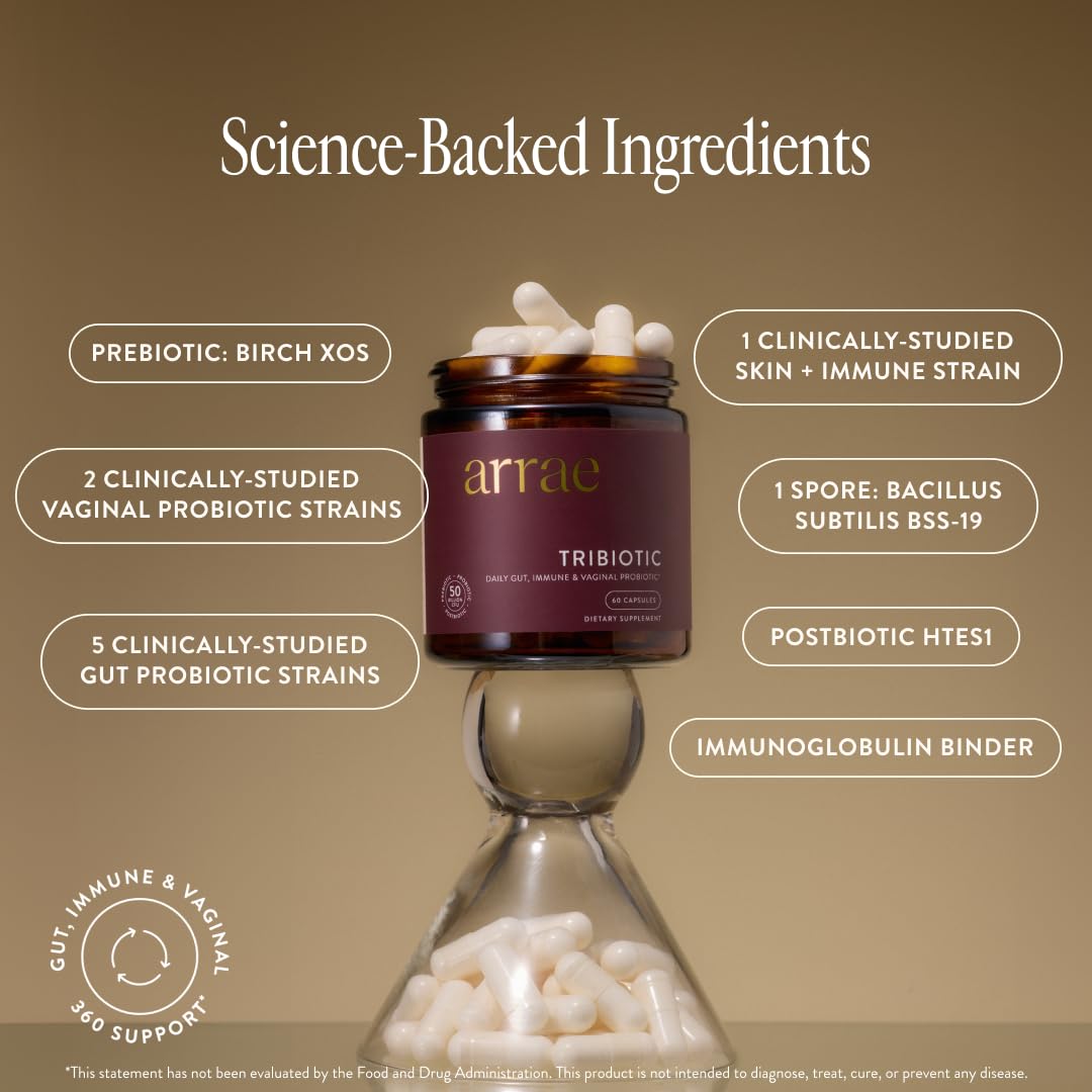Arrae Tribiotic capsules close-up showcasing multi-strain blend for improved digestion and regularity.