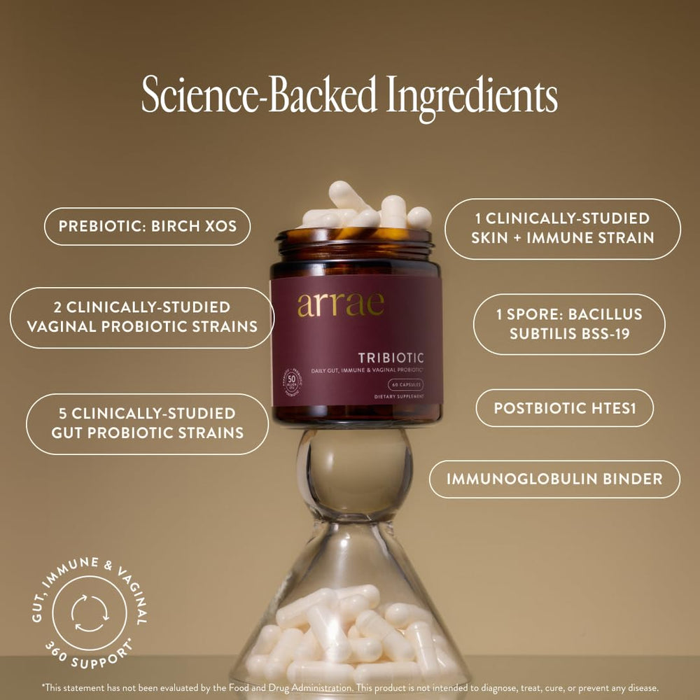 Arrae Tribiotic capsules close-up showcasing multi-strain blend for improved digestion and regularity.
