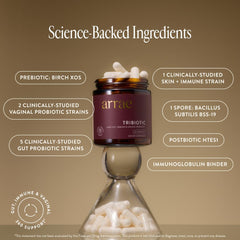 Arrae Tribiotic capsules close-up showcasing multi-strain blend for improved digestion and regularity.