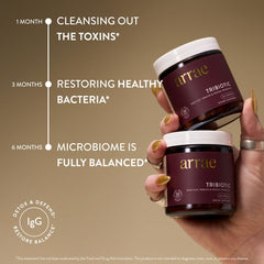 Arrae Tribiotic compact packaging opened beside bottle for travel-friendly probiotic routine.