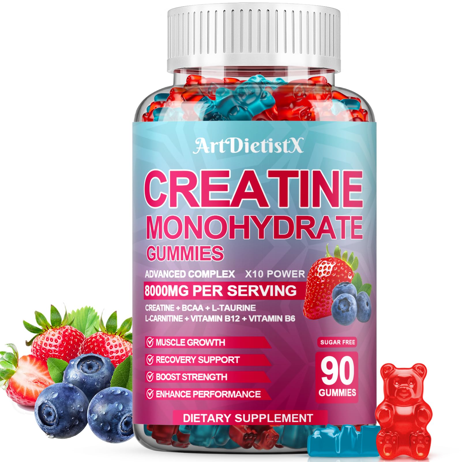 ArtDietistX creatine gummies bottle-front for convenient pre-workout energy