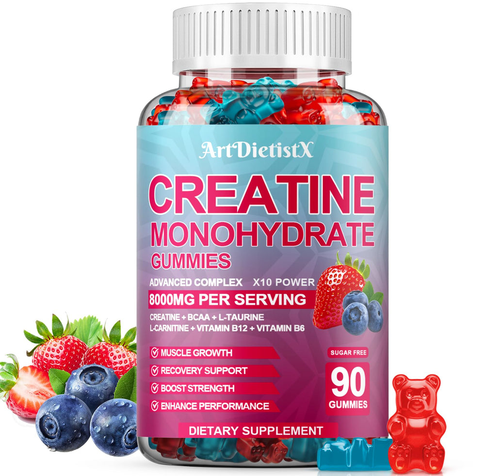 ArtDietistX creatine gummies bottle-front for convenient pre-workout energy