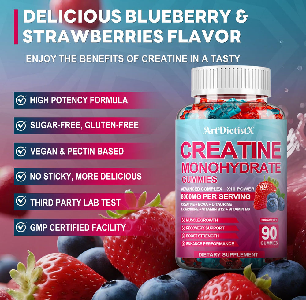 ArtDietistX creatine gummies flavors-strawberry-blueberry tasty and sugar-free