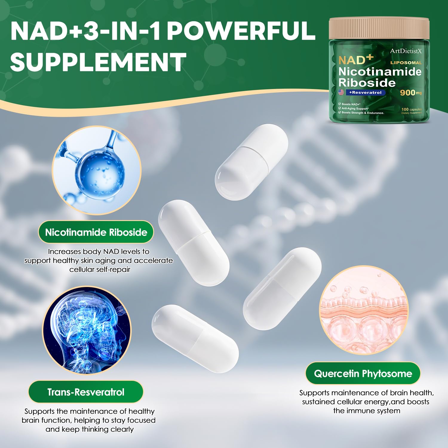 ArtDietistX gluten-free NAD supplement label and packaging.