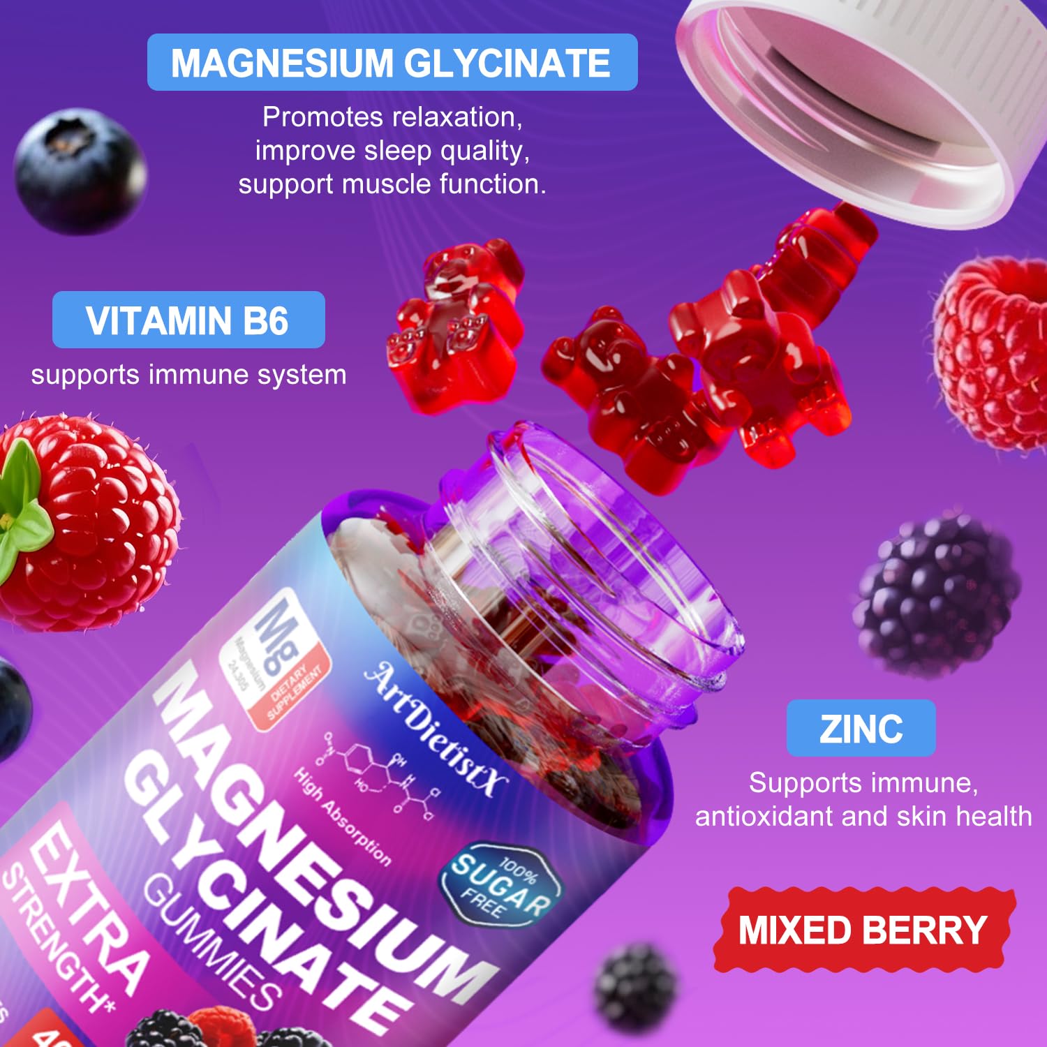 ArtDietistX blueberry flavor gummies in a jar for easy, sugar-free daily intake.