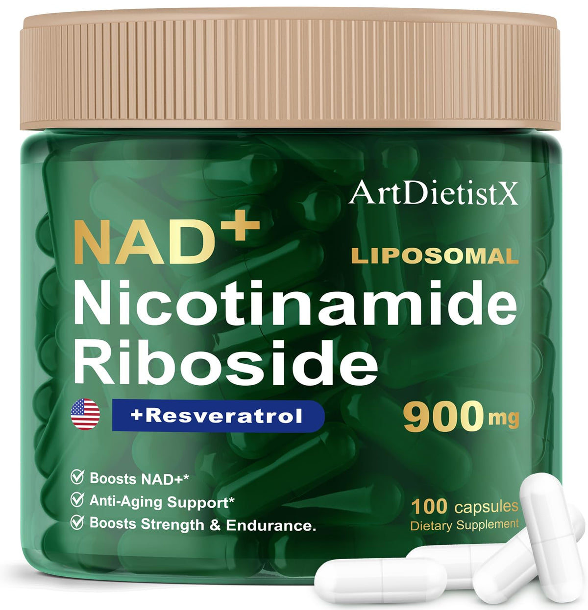 ArtDietistX NAD+ supplement bottle with capsules for potential energy support.