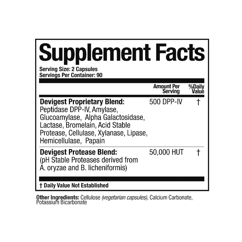 Arthur Andrew Medical Devigest ADS bottle back with dosage and gluten sensitivity details