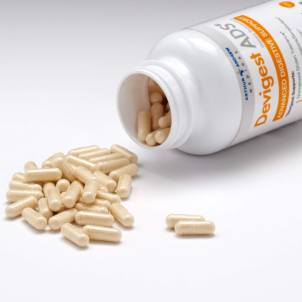 Arthur Andrew Medical Devigest ADS capsules showing vegan-friendly enzyme format for meals