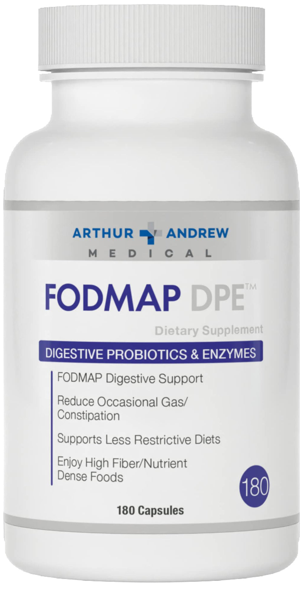 Arthur Andrew Medical FODMAP DPE bottle label highlights vegan non GMO digestion support