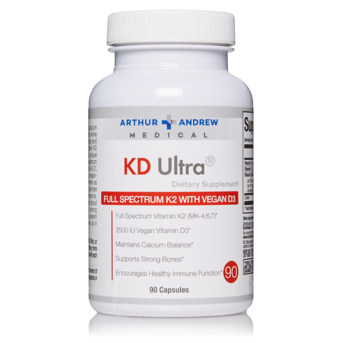 Arthur Andrew Medical KD Ultra bottle front shows vegan D3 and K2 for bone support.