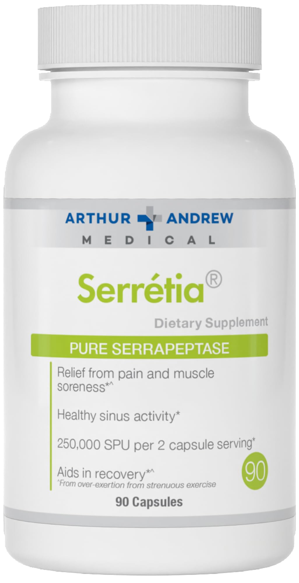 Arthur Andrew Medical Serretia bottle closeup highlighting serrapeptase for recovery support