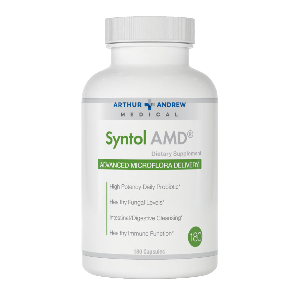 Arthur Andrew Medical Syntol bottle label highlighting 3-in-1 formula for gut balance
