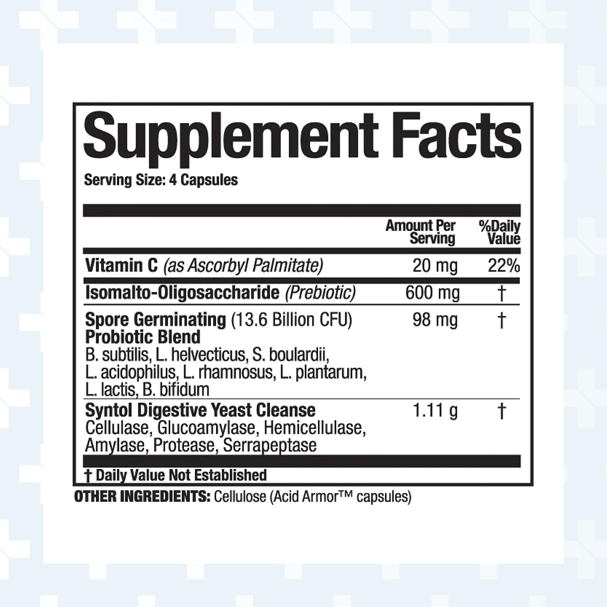 Arthur Andrew Medical Syntol capsules closeup shows 3-in-1 probiotic, prebiotic, and enzyme blend.