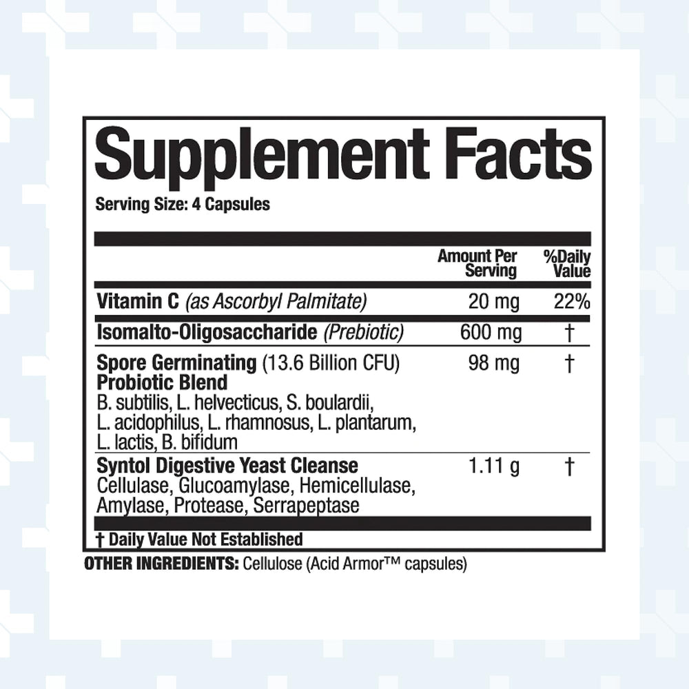 Syntol capsules close-up emphasizing probiotic and enzyme blend for gut balance.