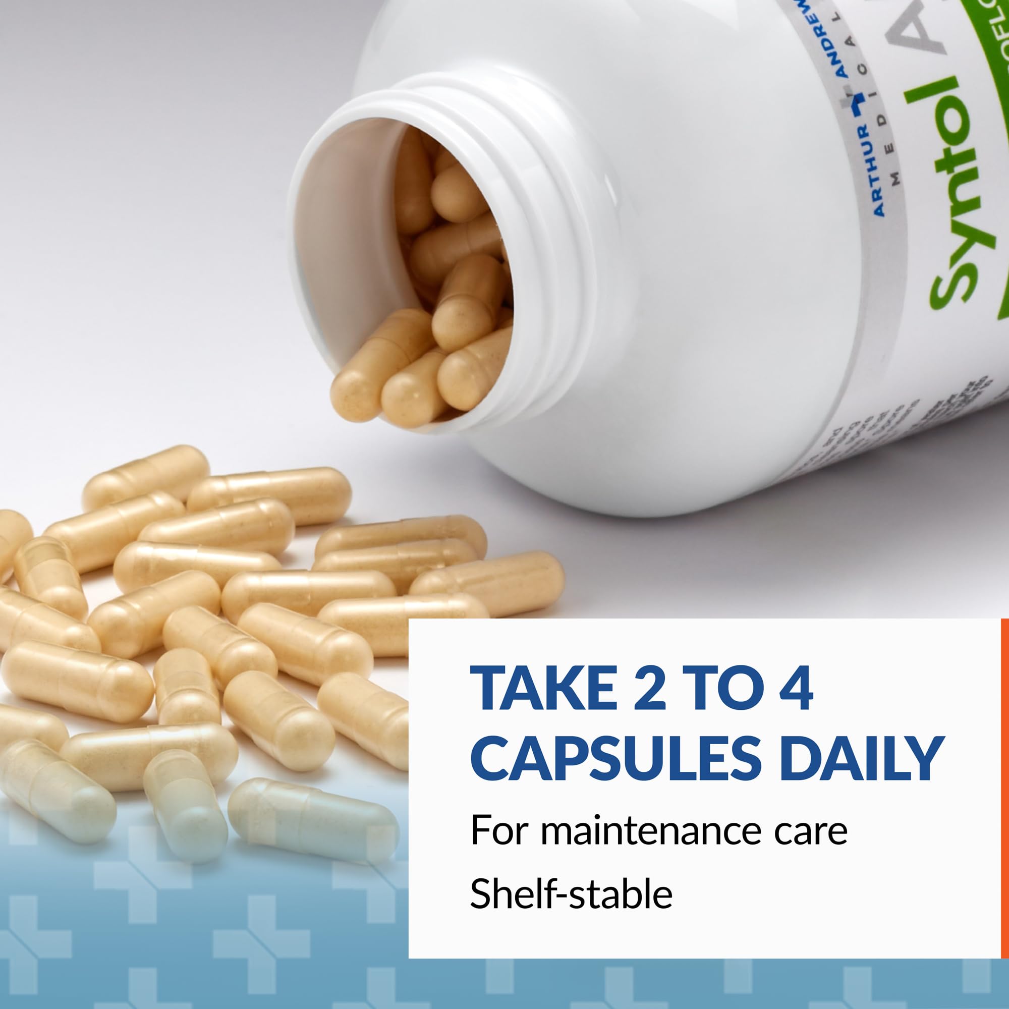 Capsules spilled from bottle illustrate easy daily dosing.