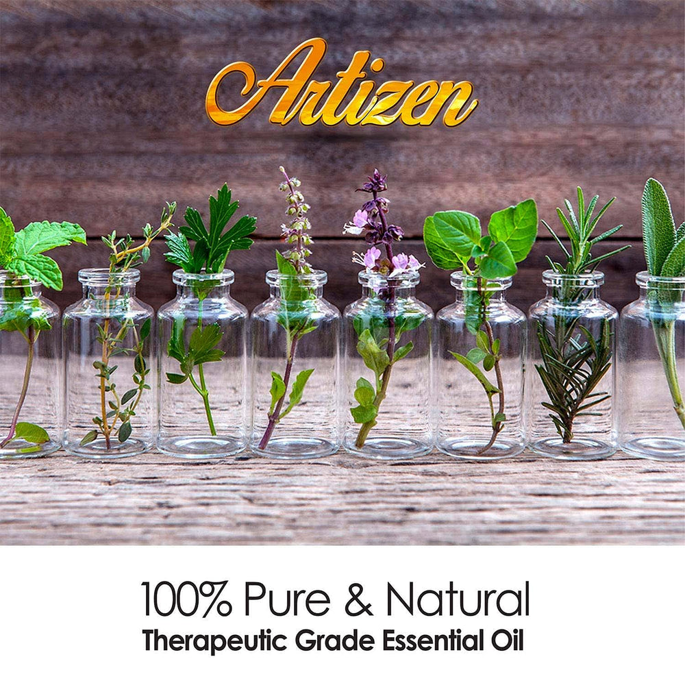 Close-up of Artizen label on eucalyptus oil bottle for purity