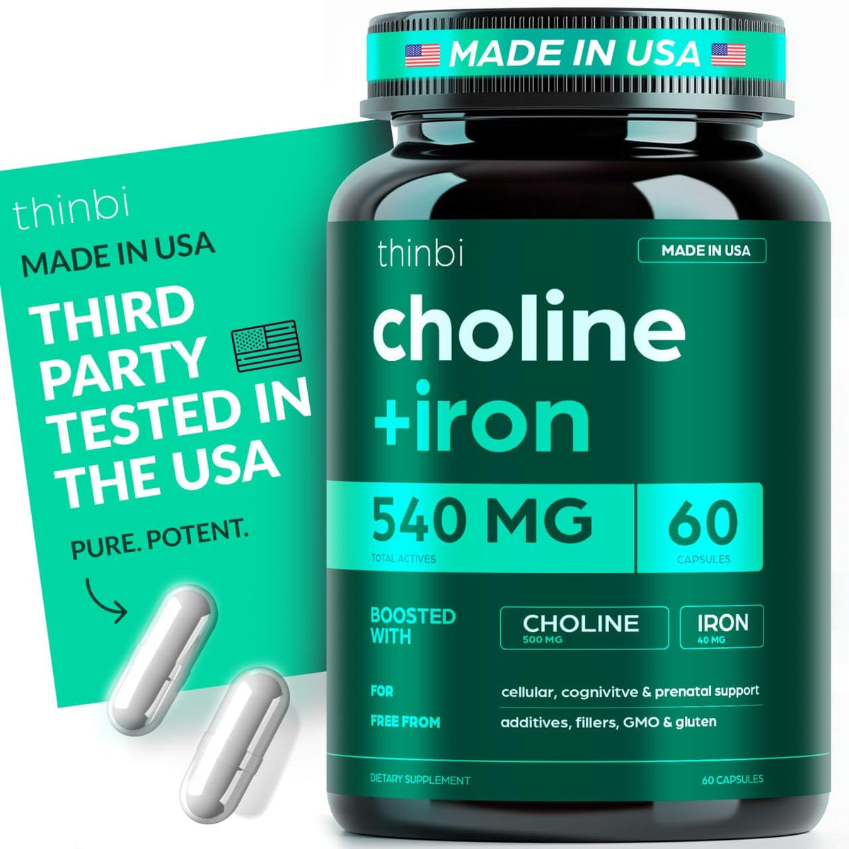 Artnaturals choline 500mg prenatal bottle closeup showing vegan capsules for daily support