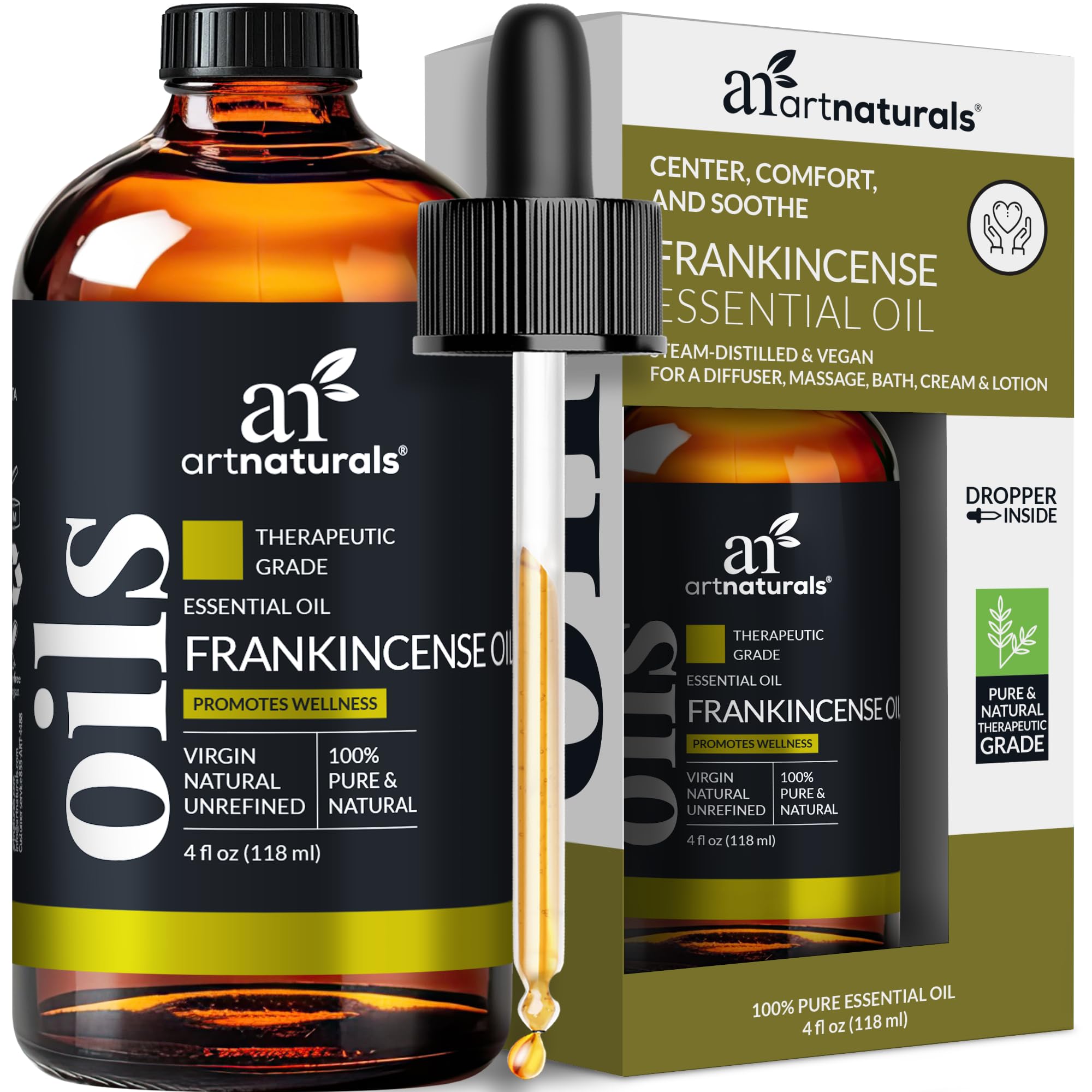 Artnaturals Frankincense essential oil bottle promotes a calming atmosphere when used in a diffuser.