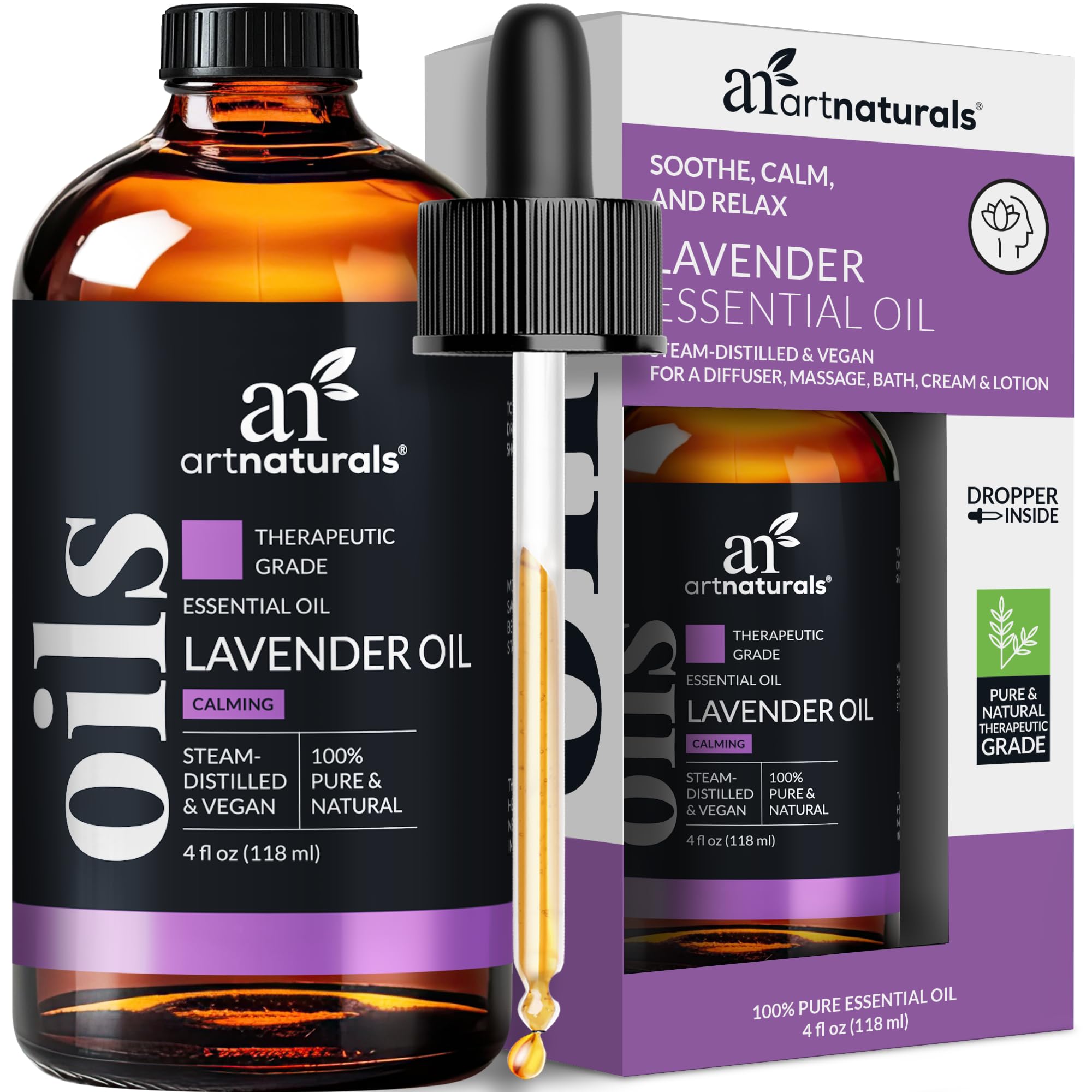 artnaturals lavender essential oil bottle for diffuser aromatherapy and relaxation.