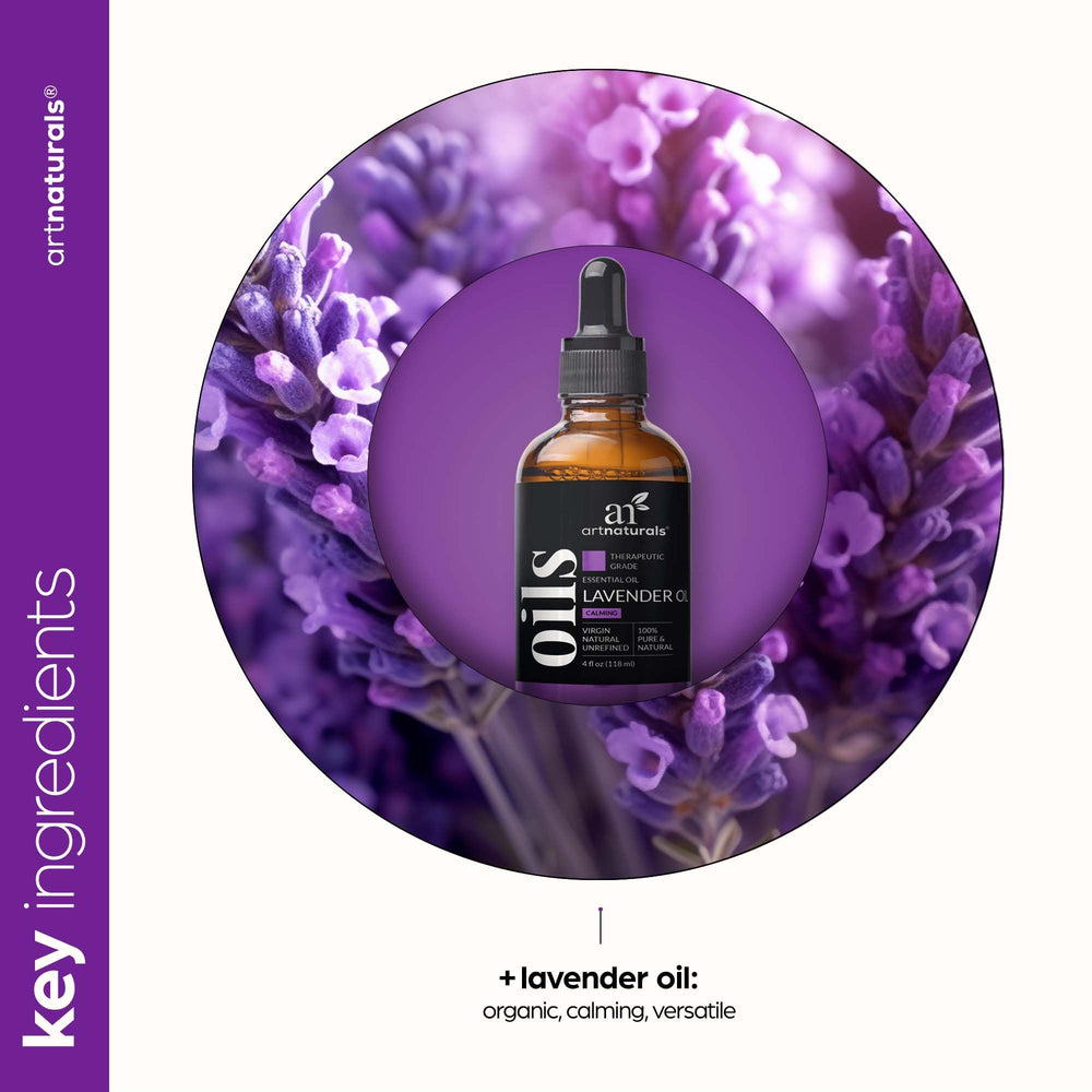 artnaturals lavender essential oil dropper close-up with label.