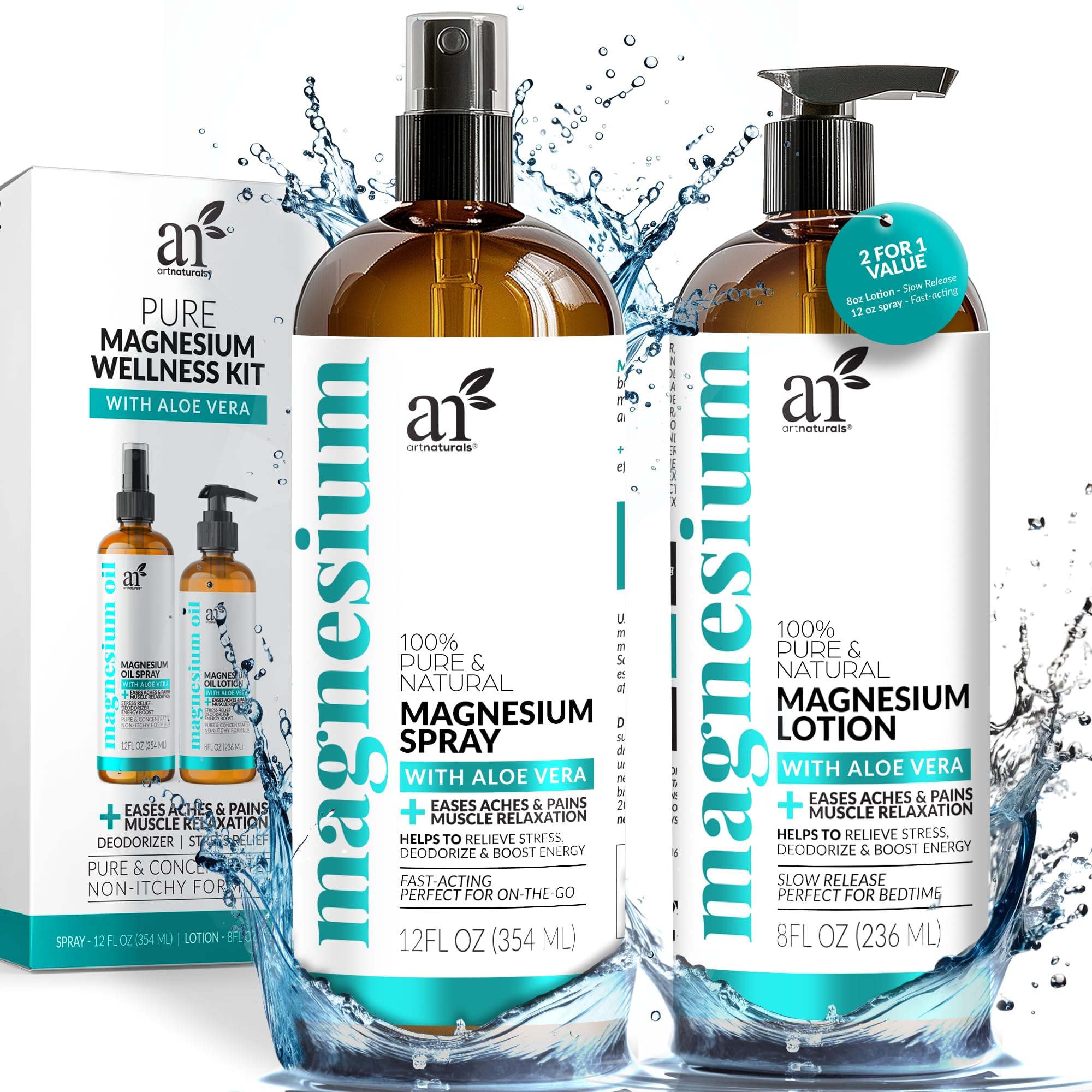 ArtNaturals magnesium oil spray bottle for quick relief and relaxation.