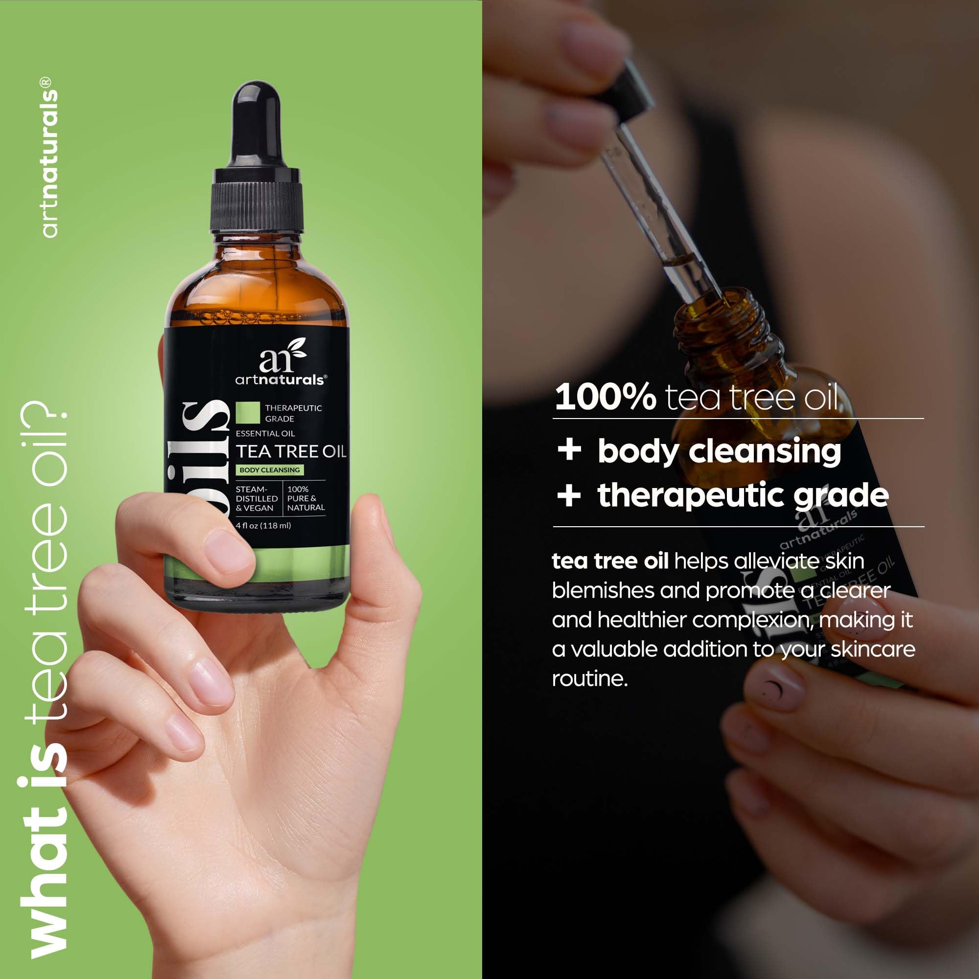 Artnaturals Tea Tree Oil bottle label highlights purity and GC/MS testing.