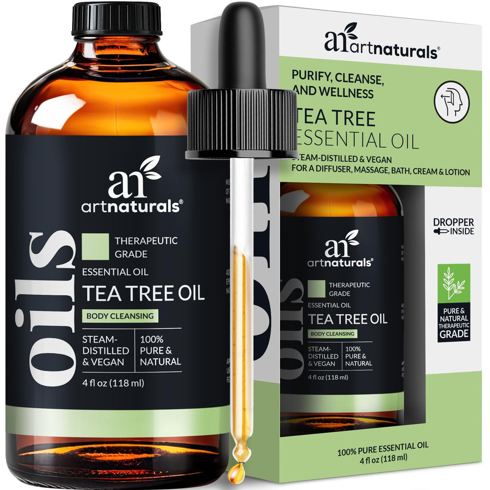Artnaturals Tea Tree Oil bottle pour for easy topical dilution and diffusion.