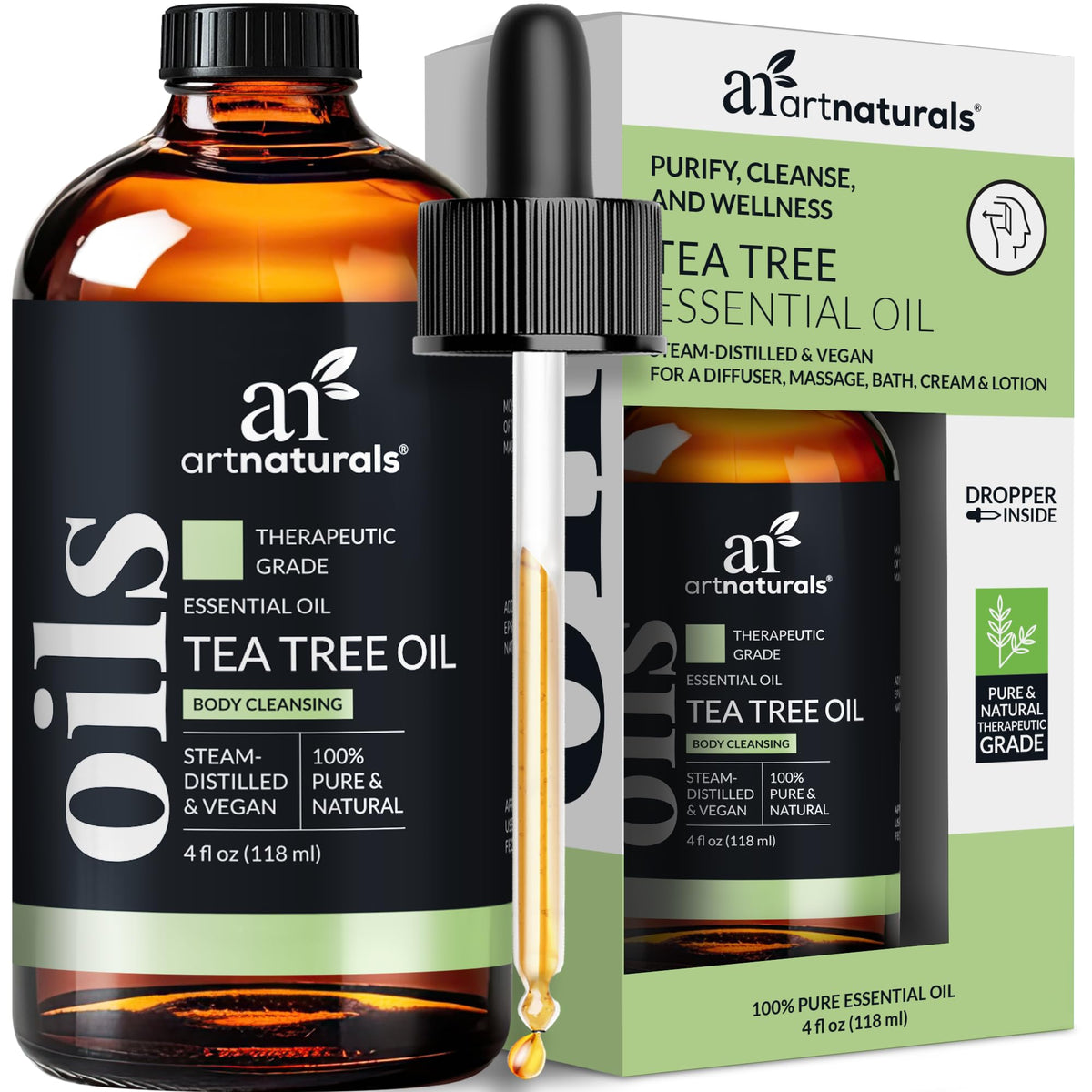 Artnaturals Tea Tree Oil bottle pour for easy topical dilution and diffusion.