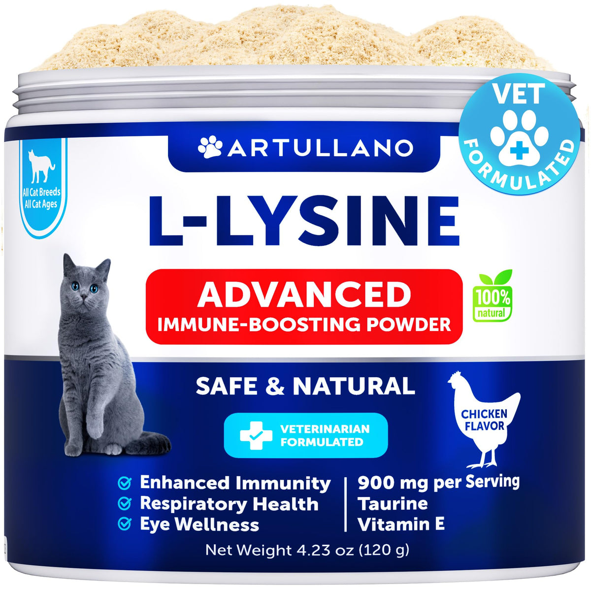 Artullano L-Lysine powder cat bottle showing easy dosing for immune support