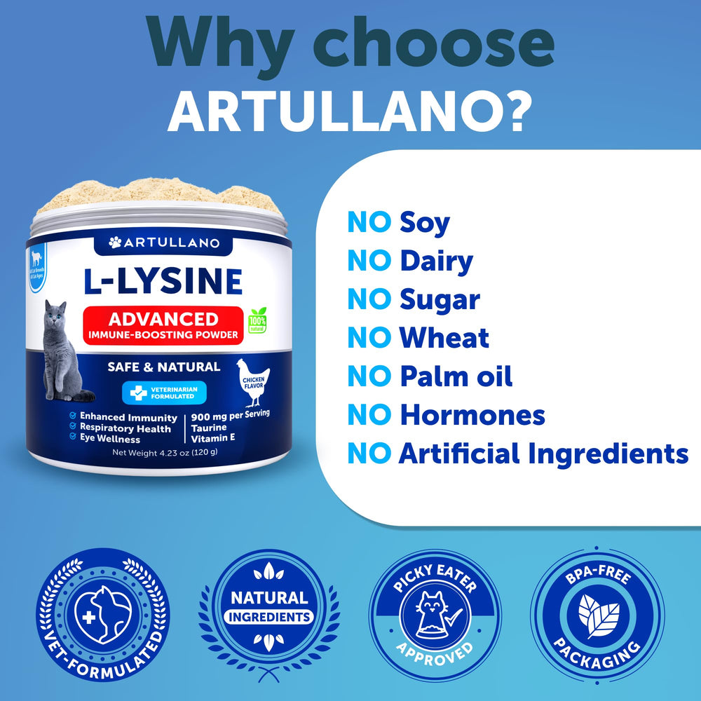 Artullano L-Lysine with taurine ingredient label for feline nutrition