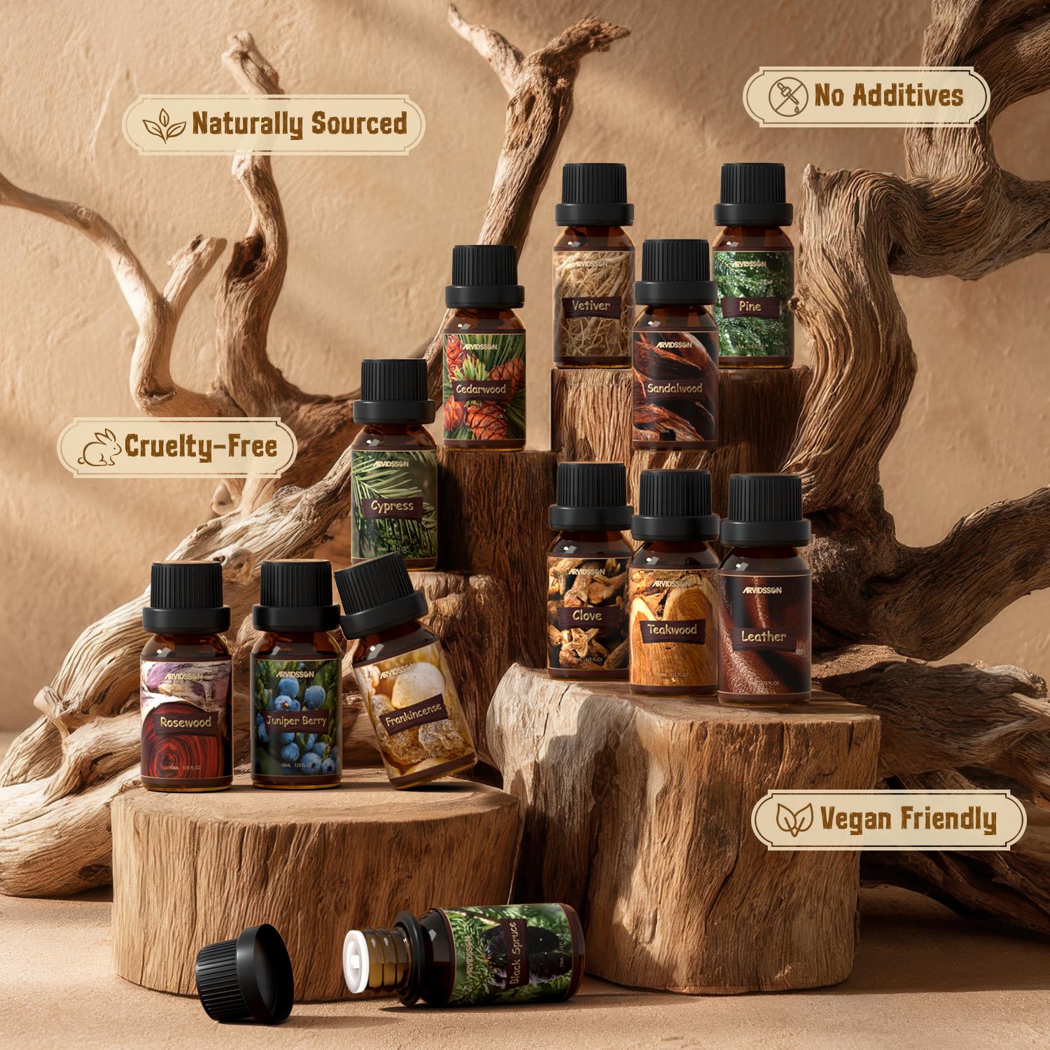 ARVIDSSON cedarwood, sandalwood, and pine blend enhances home fragrance.