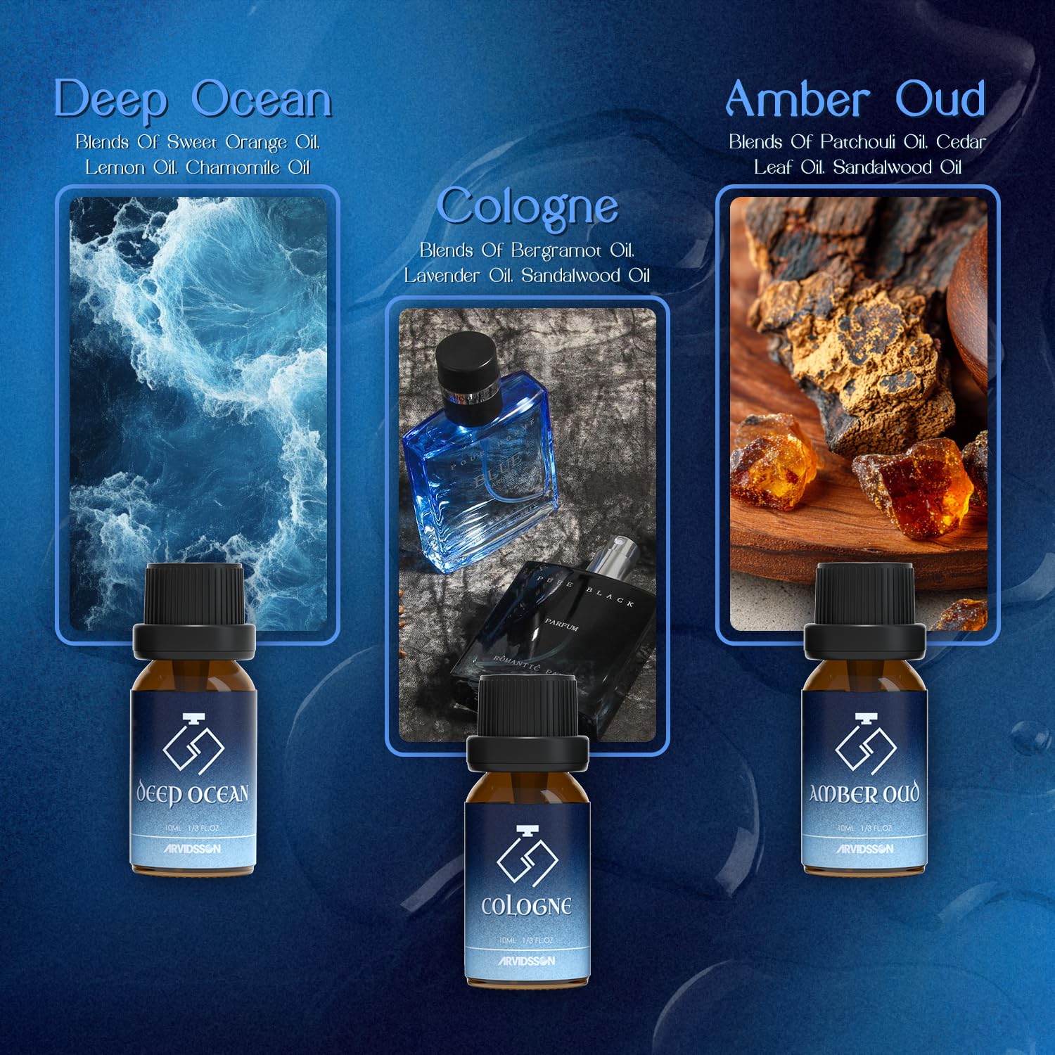 ARVIDSSON Cologne Fragrance Oils Amber Oud bottle with rich, resinous warmth for home crafts.