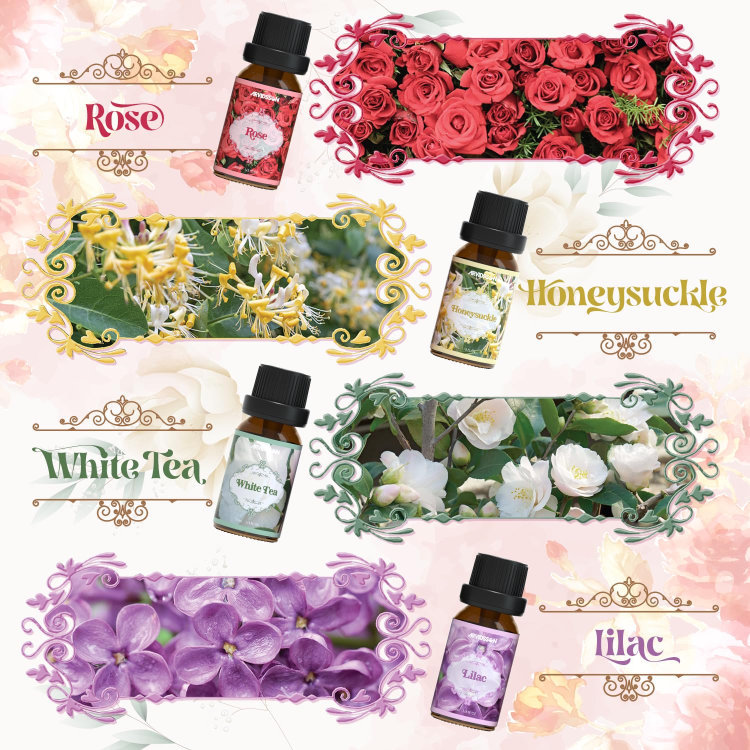 ARVIDSSON gardenia oil bottle enhances personal care products with delicate florals.