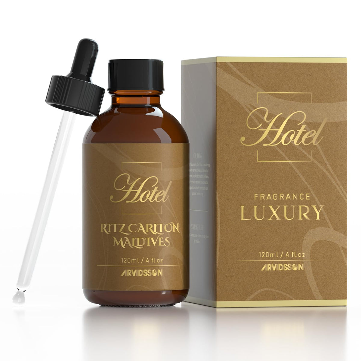 ARVIDSSON Hotel Diffuser Oil amber bottle enhances a luxe home fragrance.