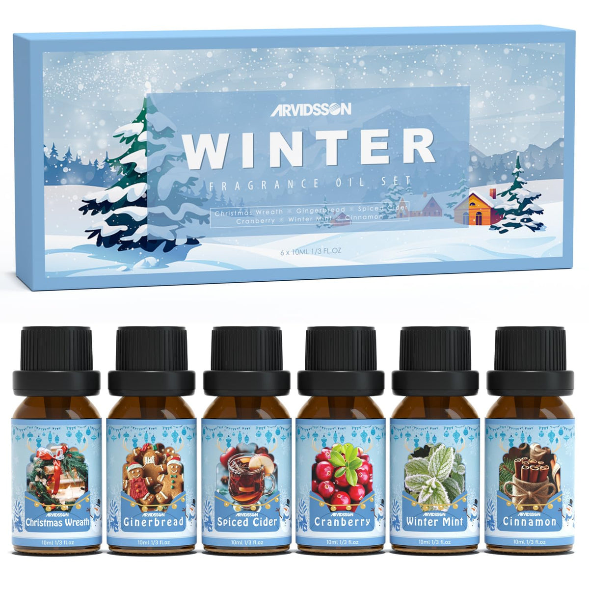 ARVIDSSON Winter Essential Oils Set Cinnamon bottle glows, ideal for diffusing cozy cinnamon ambiance.