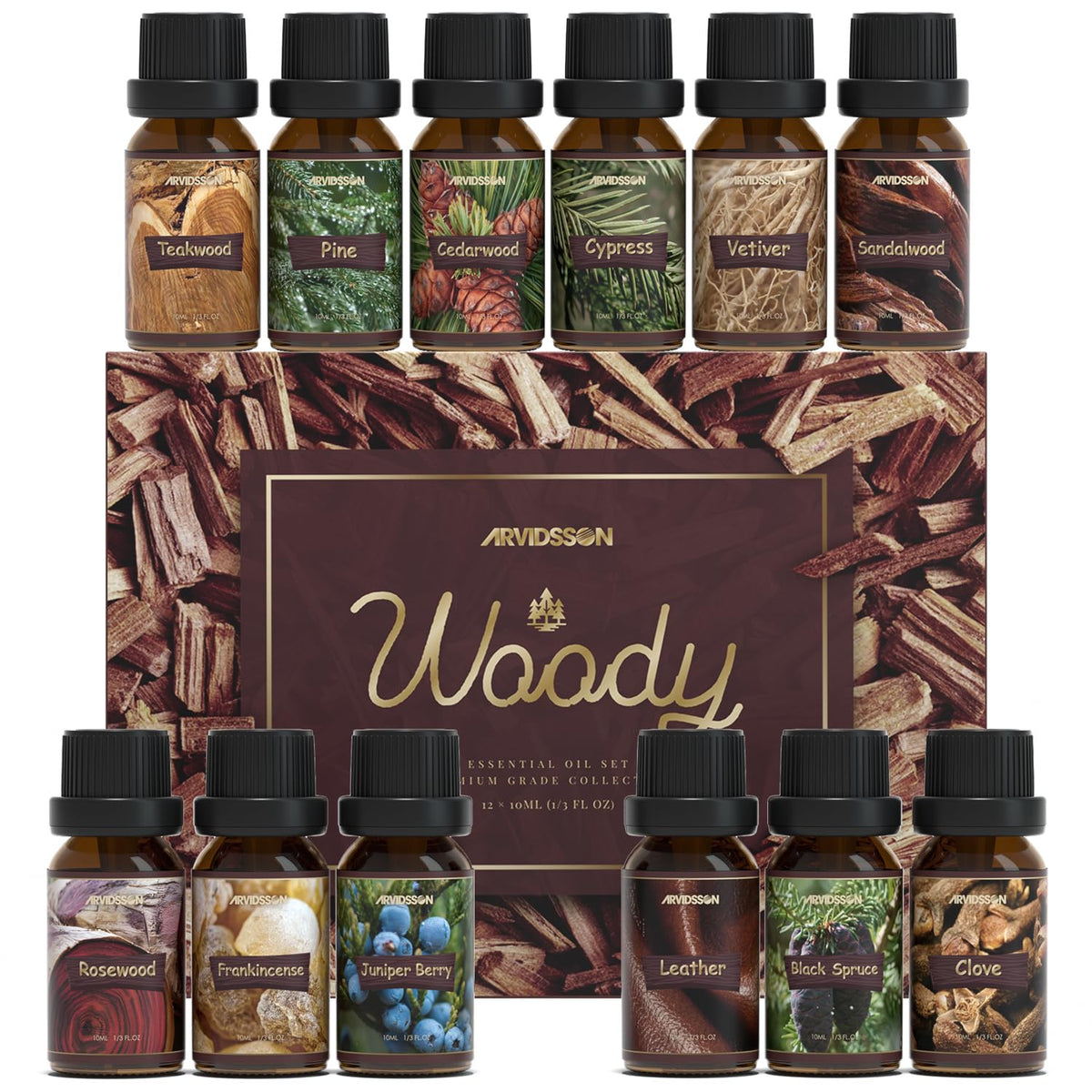 ARVIDSSON Woody Essential Oils Set close-up of twelve bottles for diffuser use.