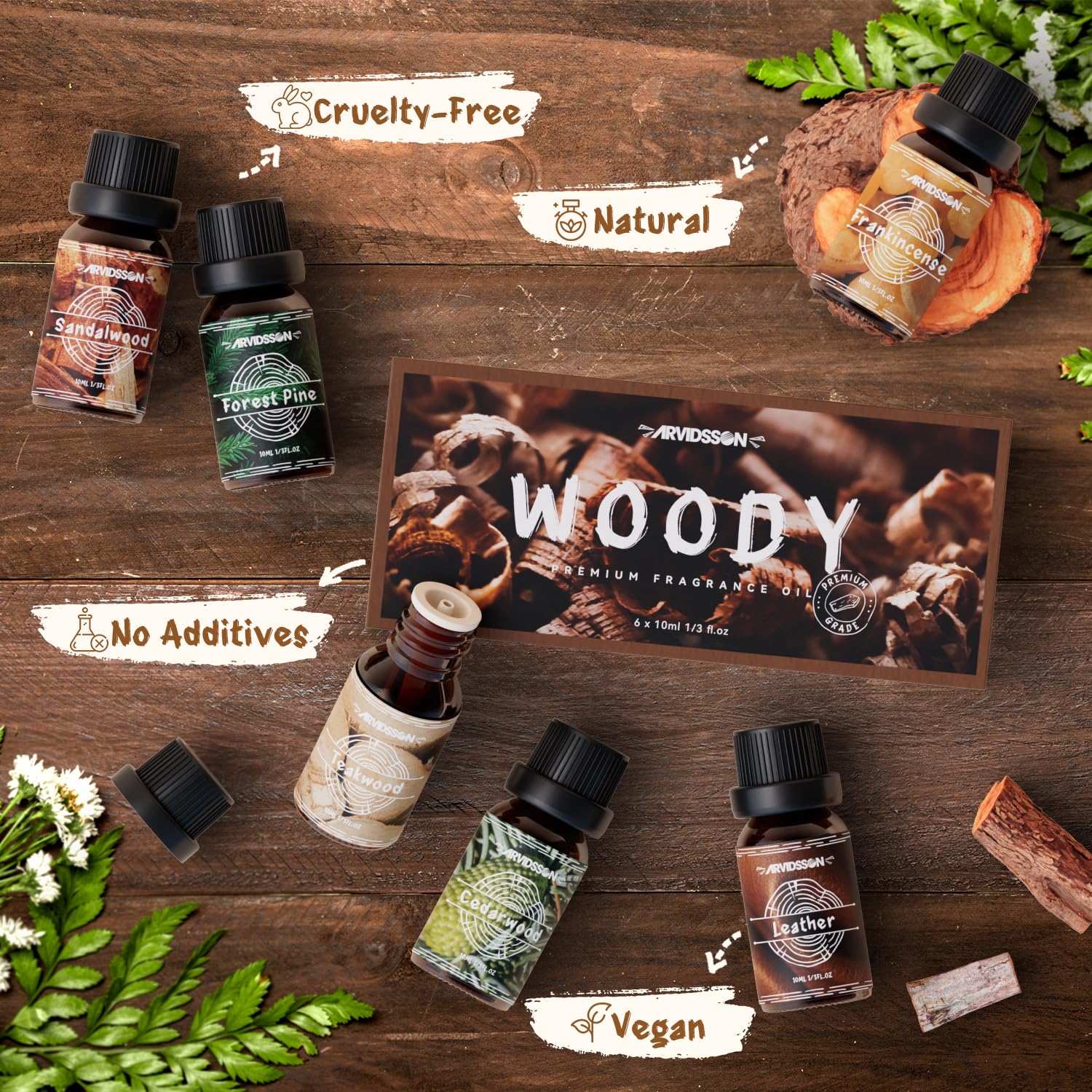 ARVIDSSON Woody Oils cedarwood bottle provides grounding scents for candles and diffusers.