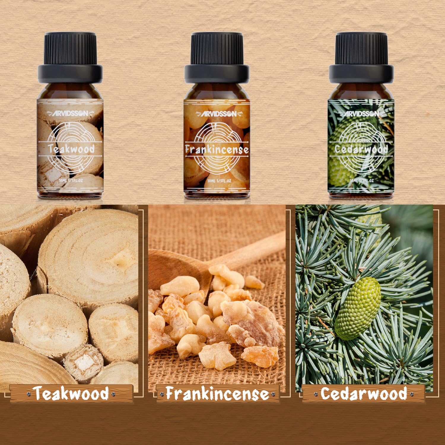 ARVIDSSON Woody Oils frankincense bottle adds warm resin notes to blends.