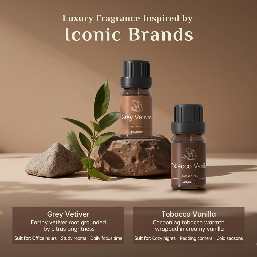 ASAKUKI Grey Vetiver bottle delivers crisp, woody notes for calm focus.