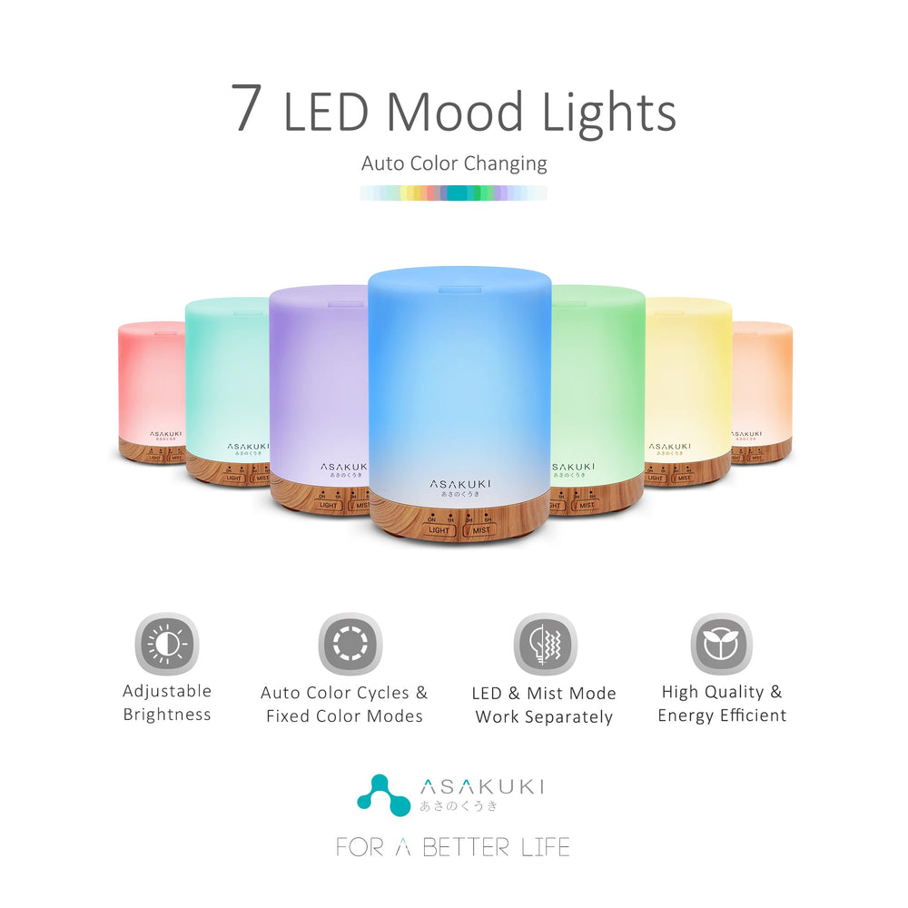 ASAKUKI diffuser shows seven LED colors for customizable mood lighting.