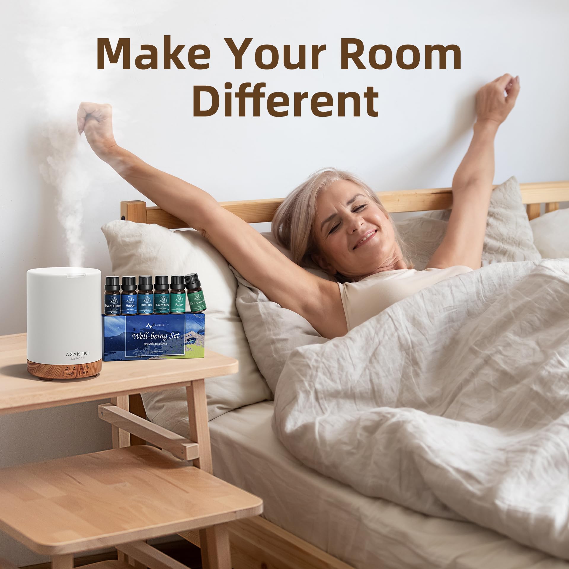 ASAKUKI diffuser placed on desk or nightstand for quick refresh