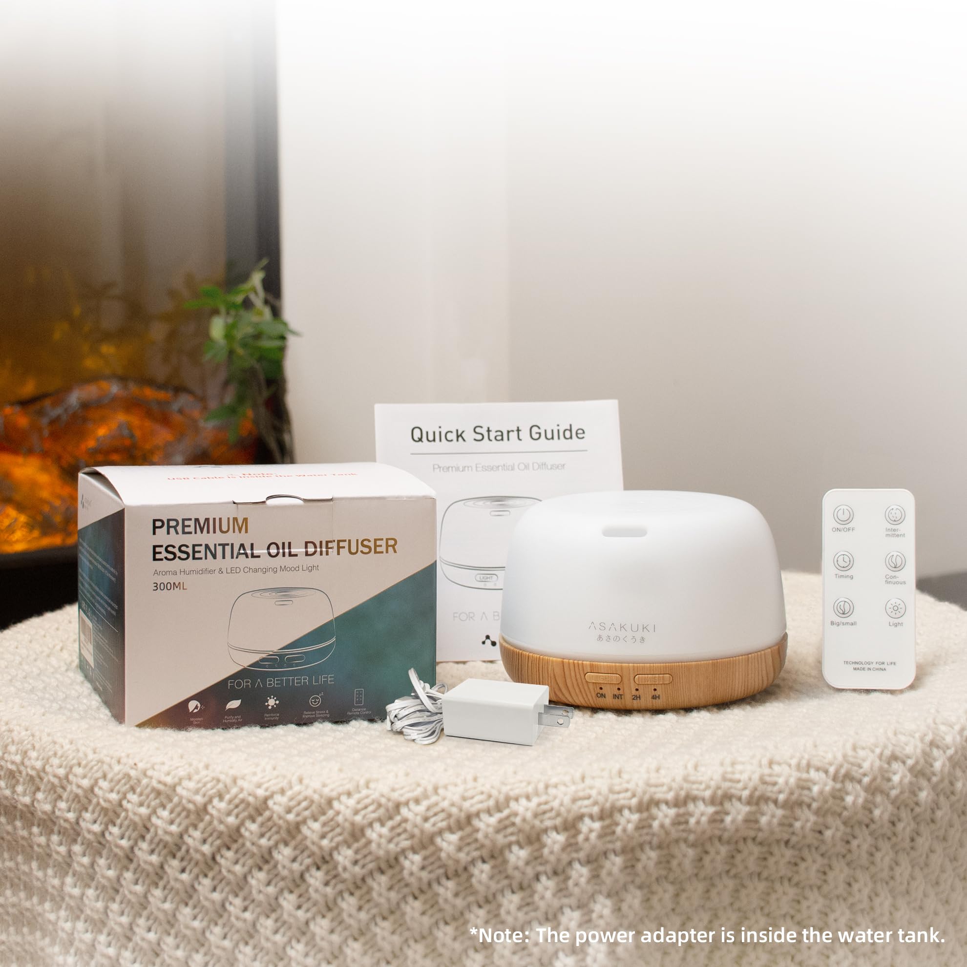 ASAKUKI diffuser packaging displays remote and accessories for quick setup.