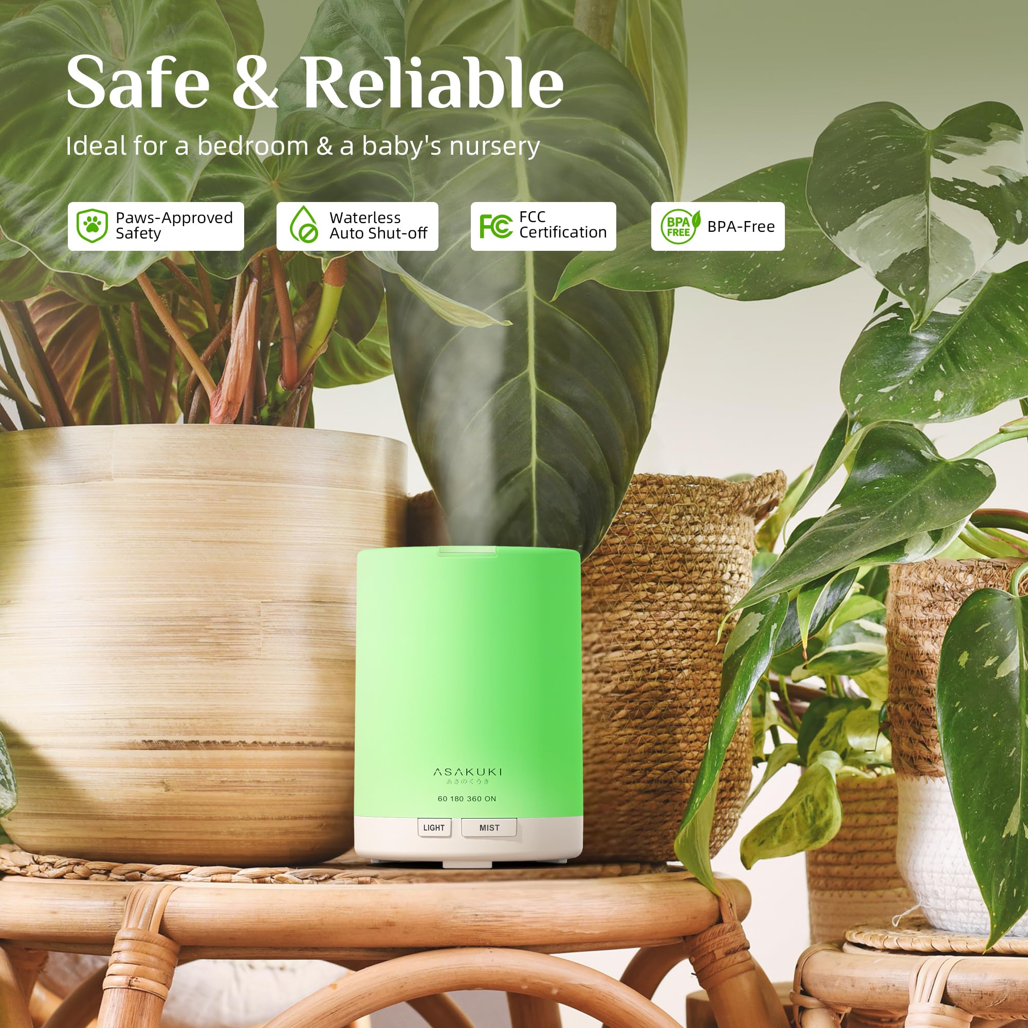 ASAKUKI humidifying diffuser adds moisture to dry indoor air.