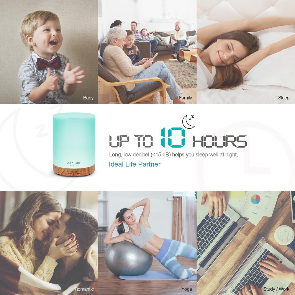 ASAKUKI diffuser operating quietly, ideal for sleep, study, or work.
