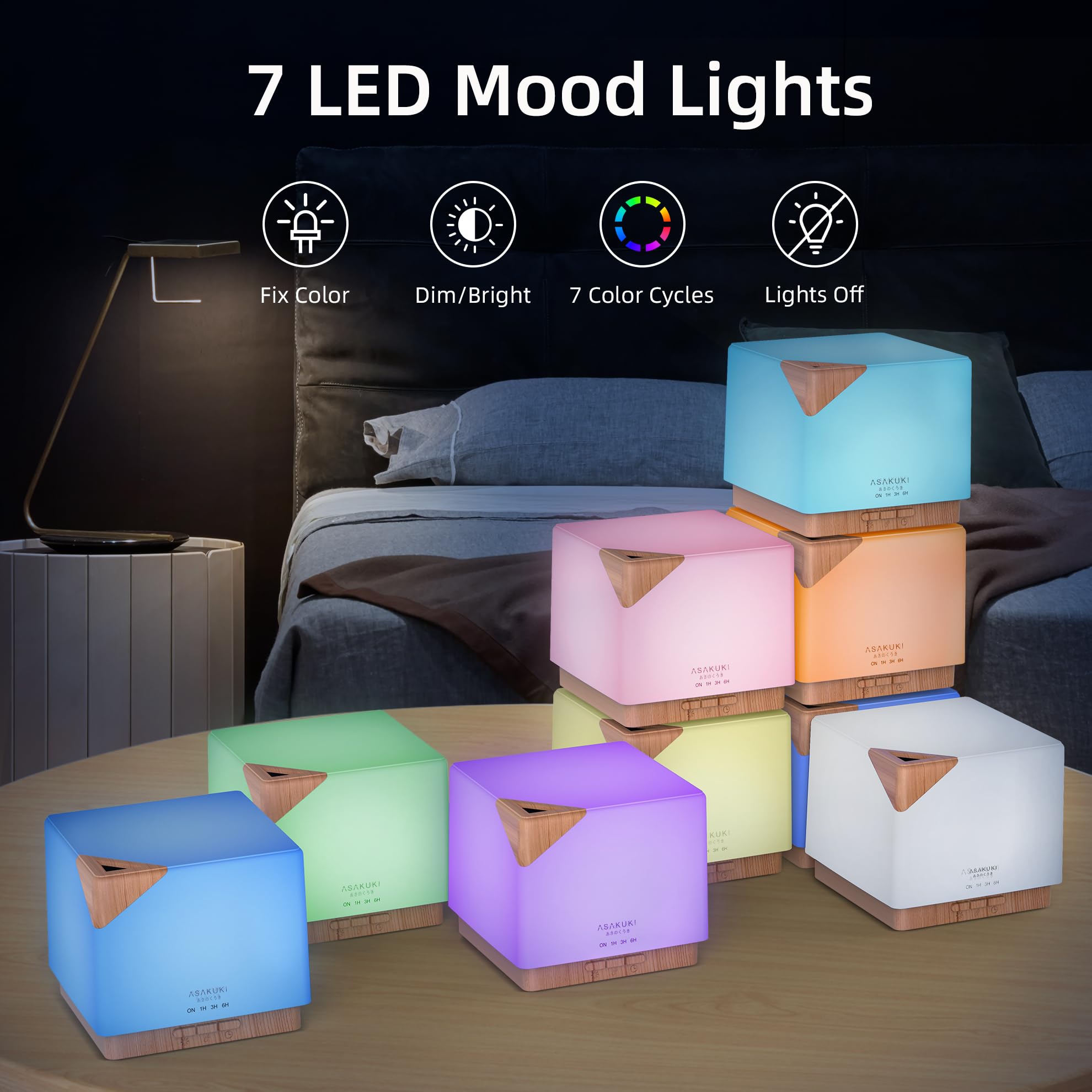 ASAKUKI diffuser — mist and light modes operate separately for flexible setup.