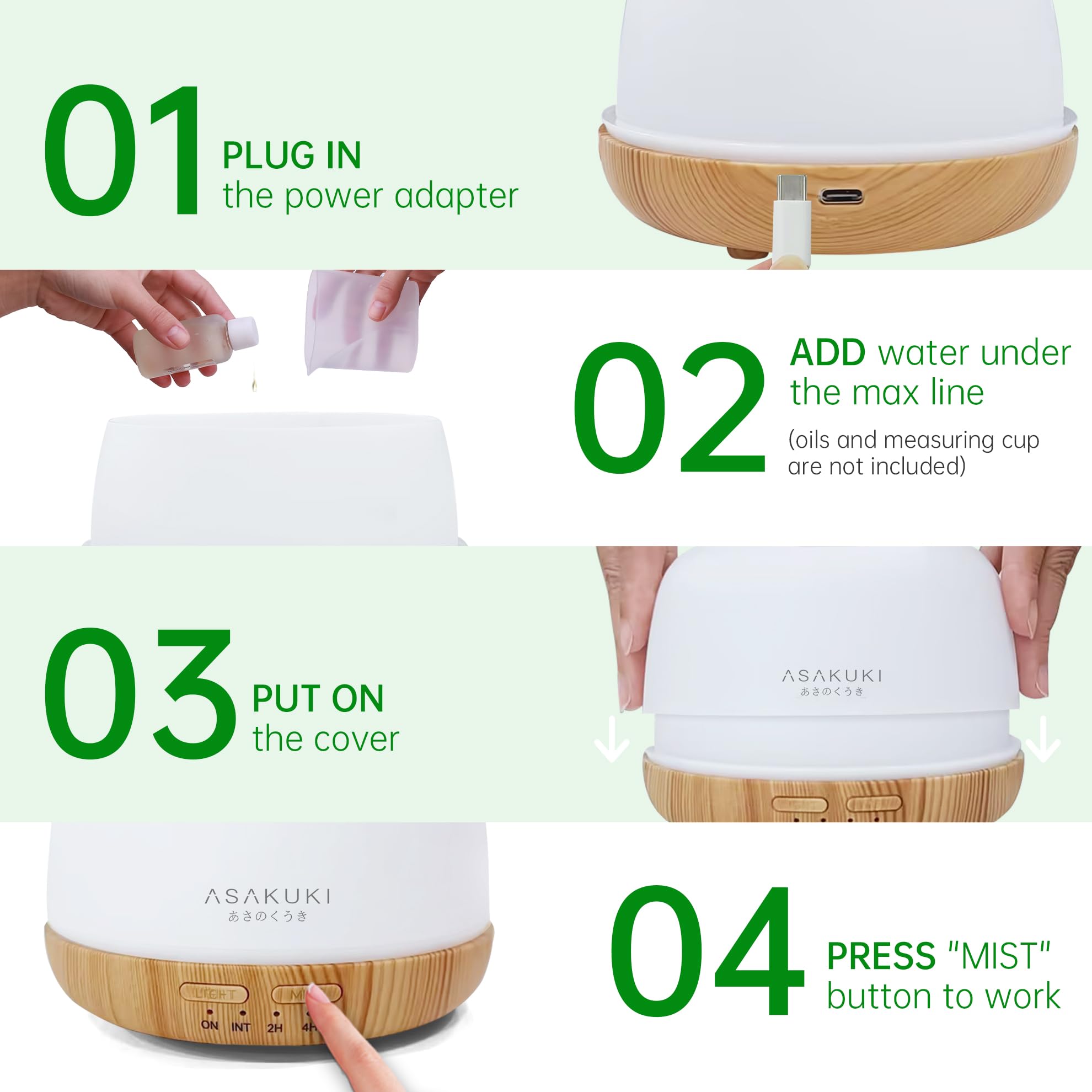 ASAKUKI diffuser powered by USB-C cable for simple setup.