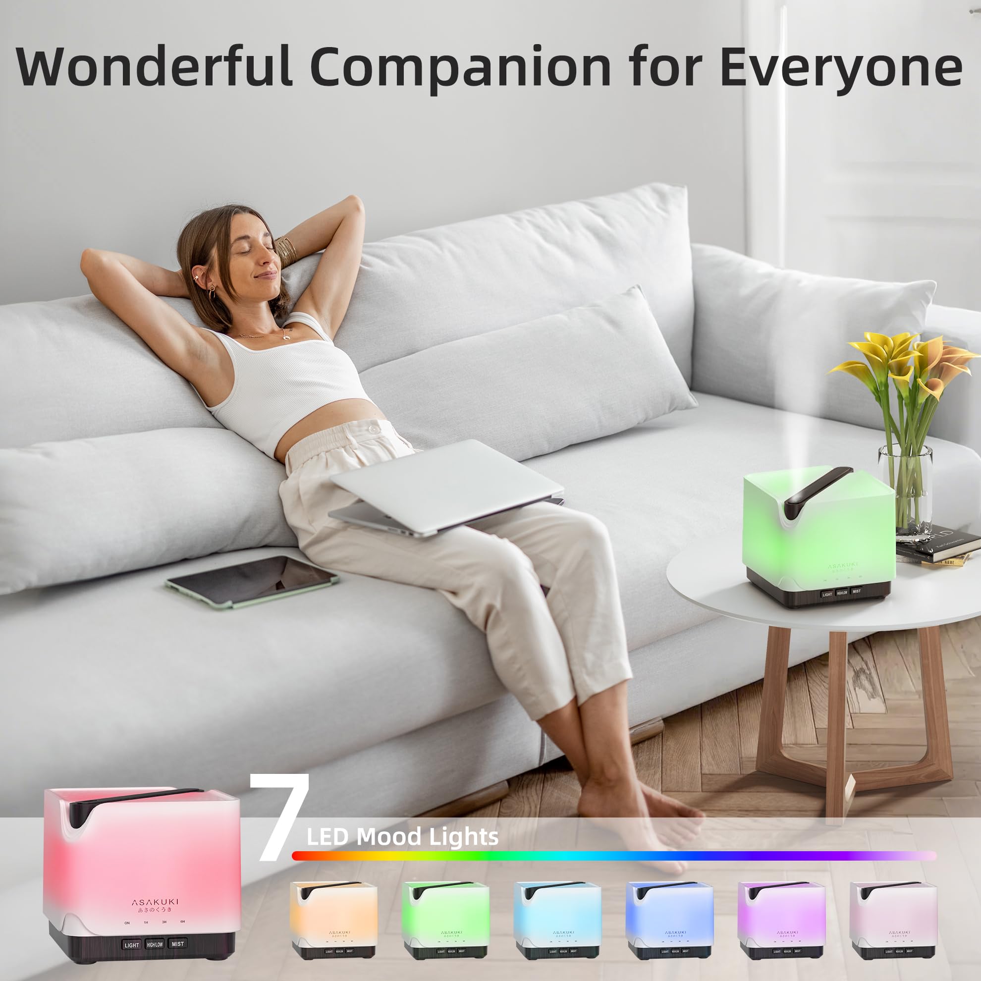 ASAKUKI essential oil diffuser LED color options enhance mood lighting
