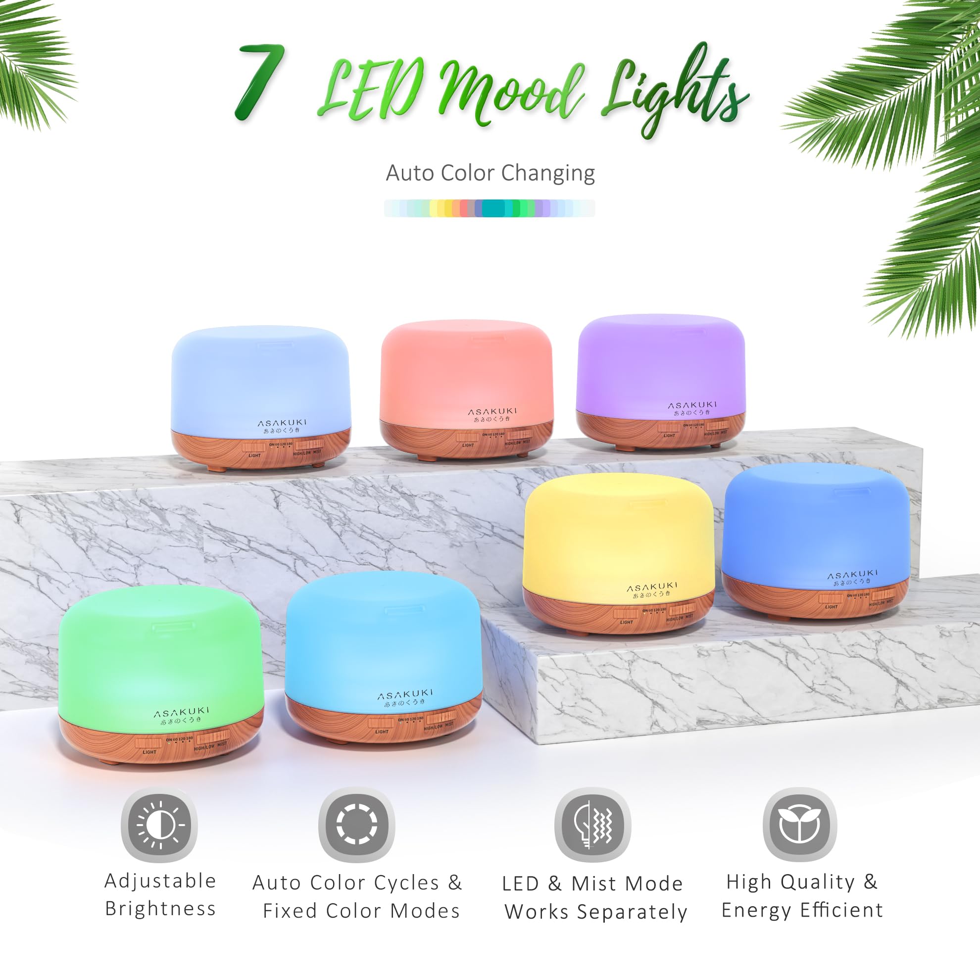 ASAKUKI diffuser with multiple LED color options for mood lighting