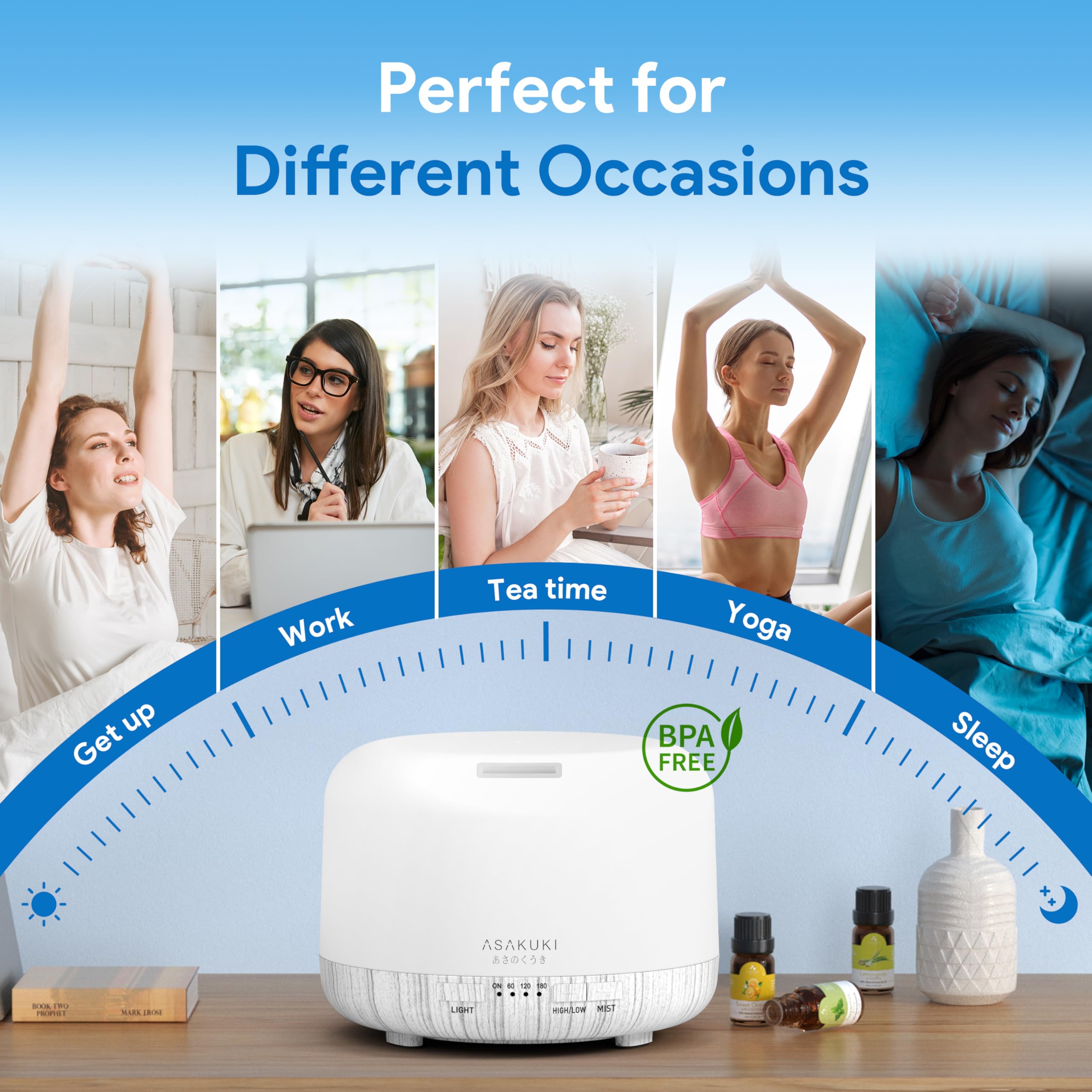 ASAKUKI diffuser operates quietly for peaceful spaces.
