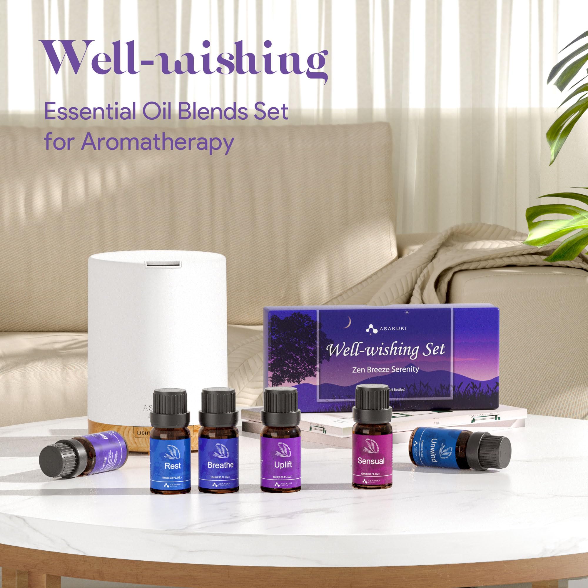 ASAKUKI Zen Breeze Serenity diffuser-enabled set displayed for aromatherapy